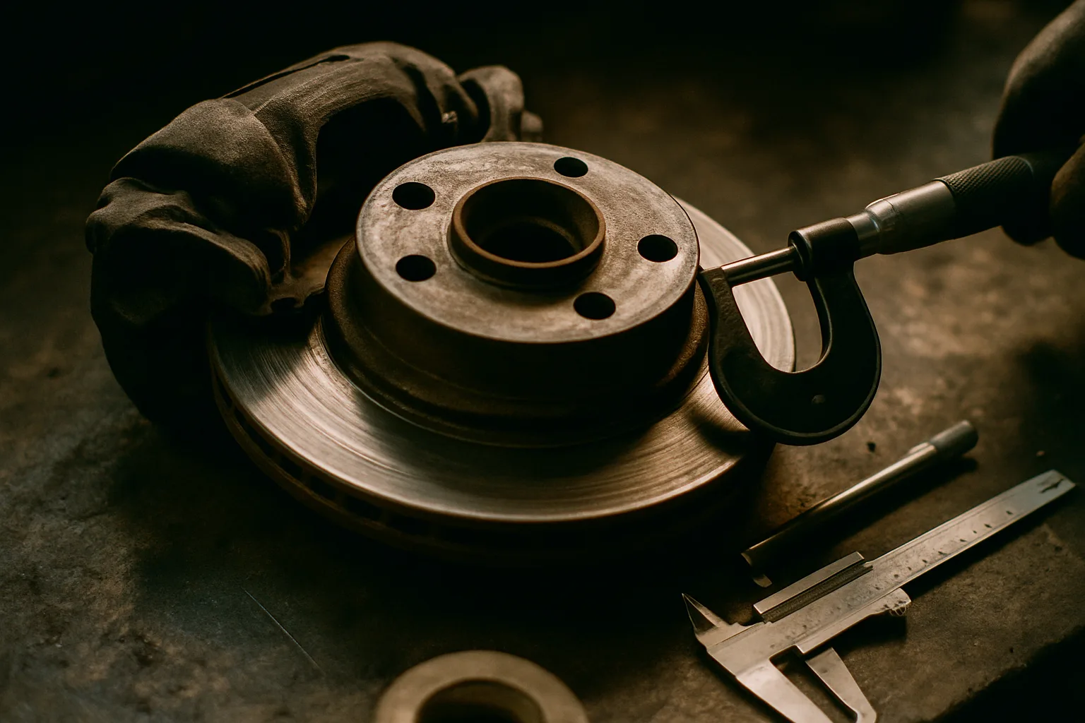 Brake assembly under inspection on workbench