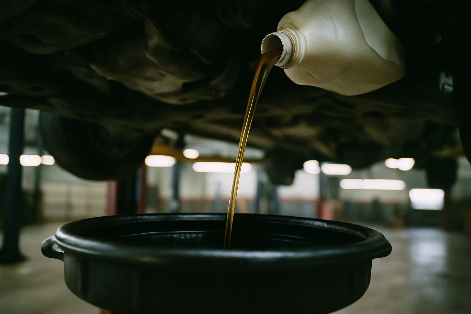 Oil maintenance work on raised vehicle