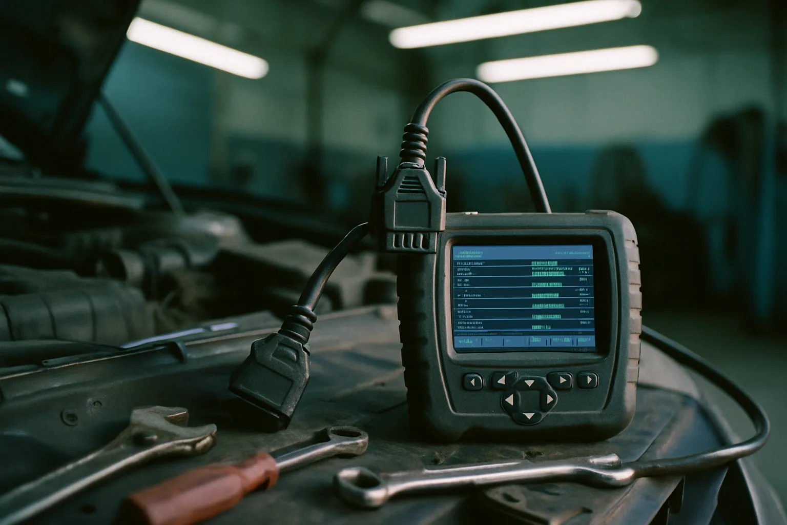 Diagnostic scanner connected to engine